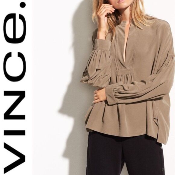 Vince Tops - Vince Shirred 100% Silk Blouse Top XS Drop Shoulder Slouchy Balloon Long Sleeve